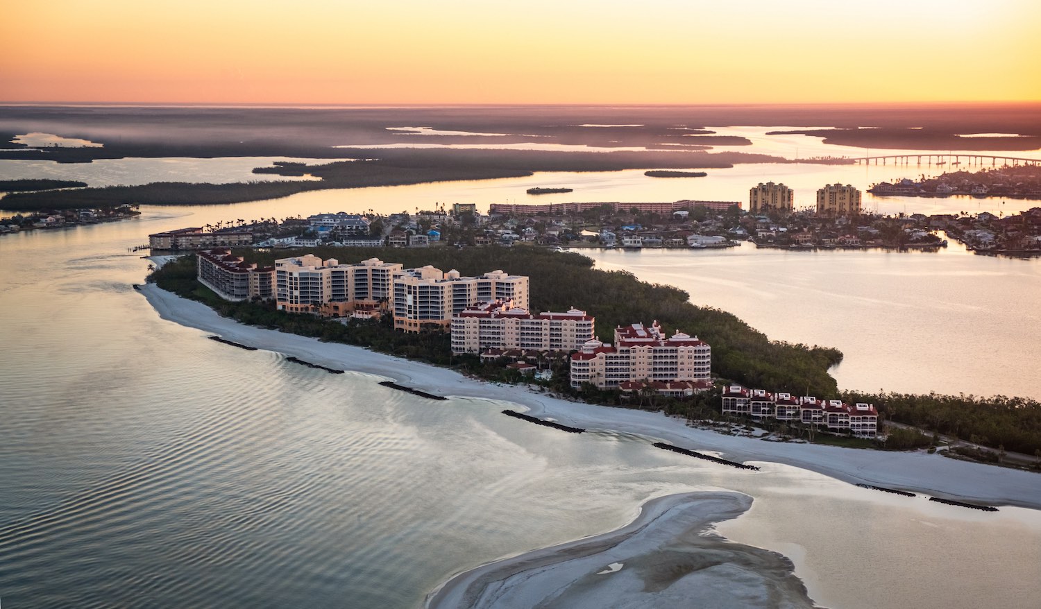 Aerial View Of Marco Island Resorts At Sunset